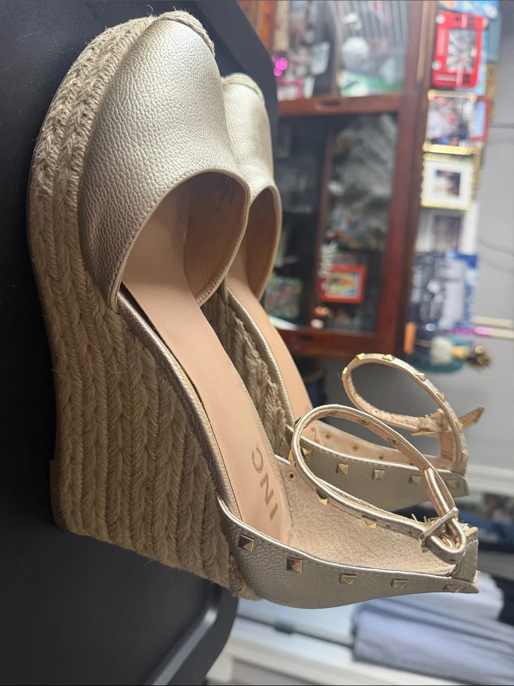 Metallic Gold Espadrille Wedge Sandals with Ankle Strap